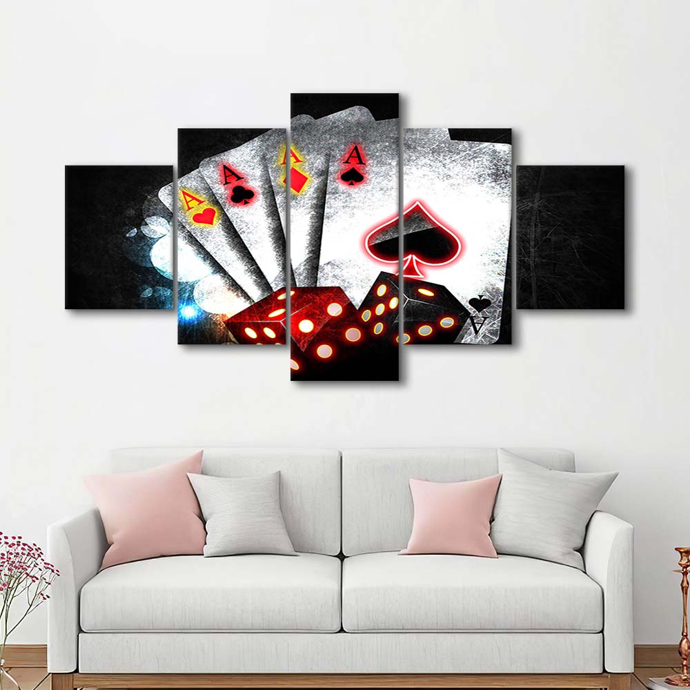 Poker Aces Neon Art Art Print, 5 Panel Mixed Canvas Print Wall Art, Home Decor, Neon Canvas