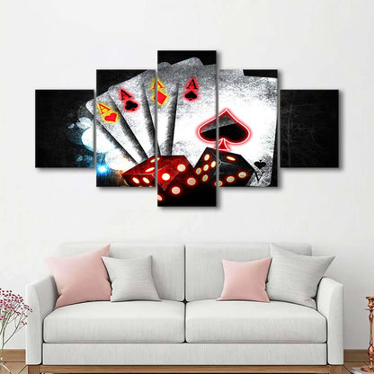 Poker Aces Neon Art Art Print, 5 Panel Mixed Canvas Print Wall Art, Home Decor, Neon Canvas
