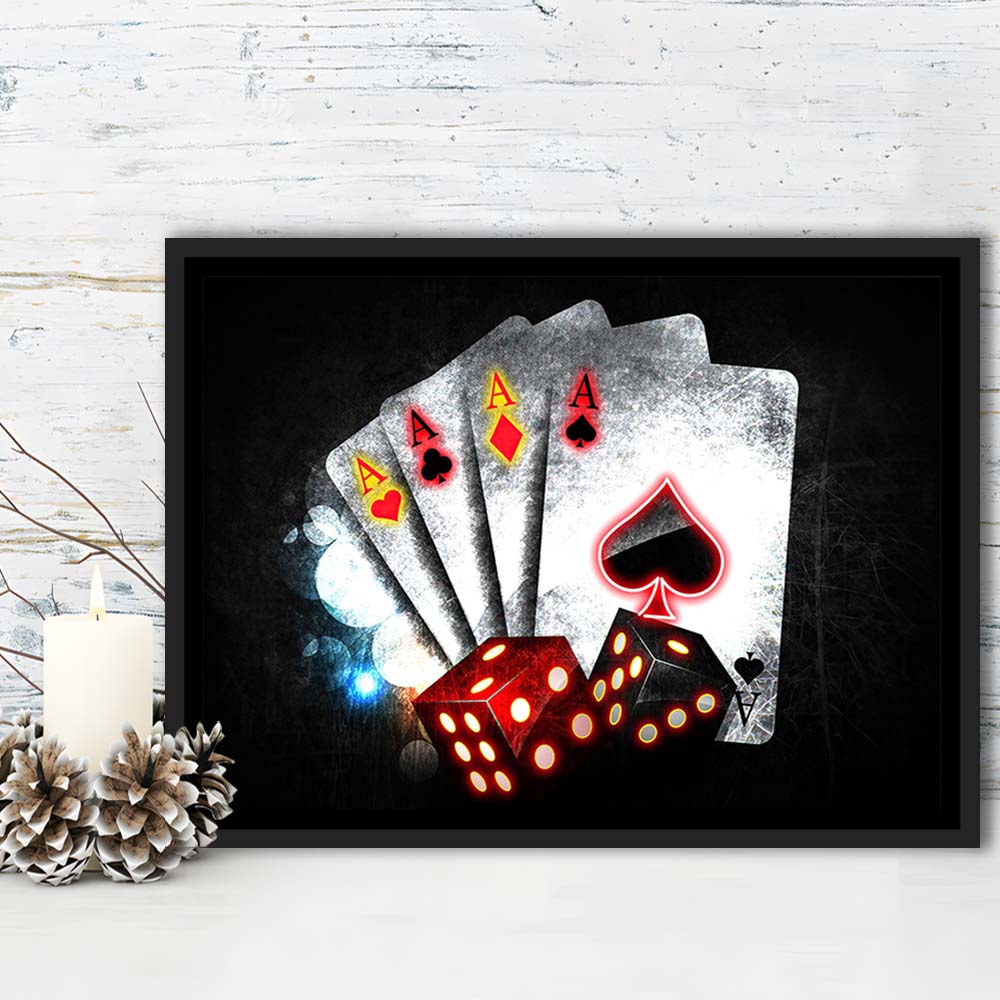 Poker Aces Neon Art Art Print, Framed Canvas Print Wall Art Decor, Floating Frame, Neon Effect Art