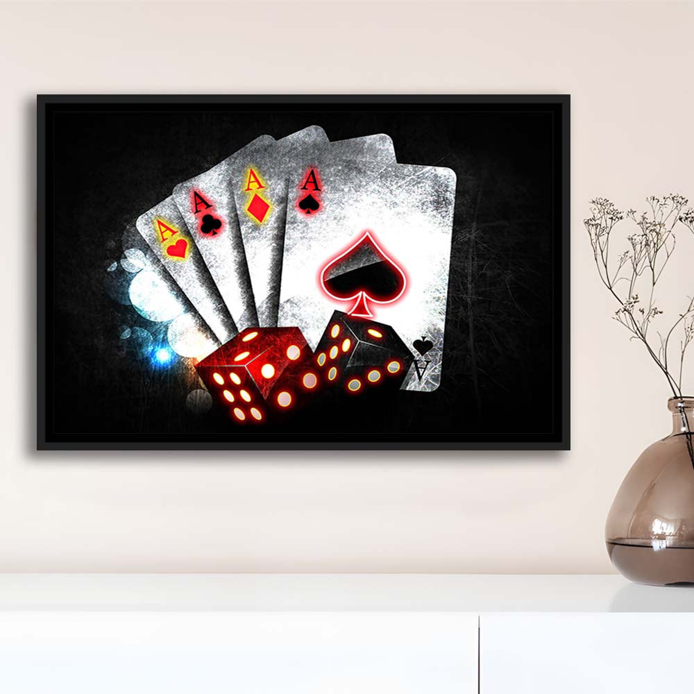 Poker Aces Neon Art Art Print, Framed Canvas Print Wall Art Decor, Floating Frame, Neon Effect Art