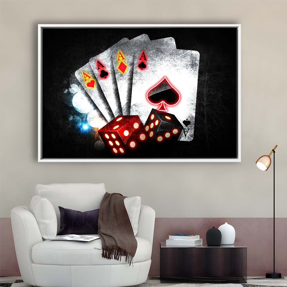 Poker Aces Neon Art Art Print, Framed Canvas Print Wall Art Decor, Floating Frame, Neon Effect Art