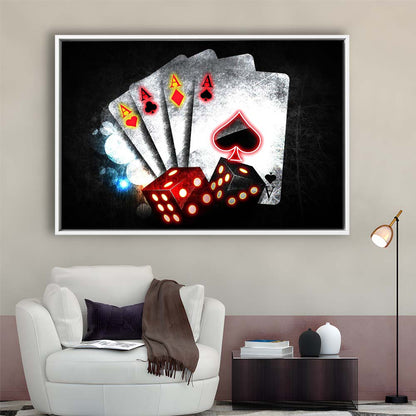 Poker Aces Neon Art Art Print, Framed Canvas Print Wall Art Decor, Floating Frame, Neon Effect Art