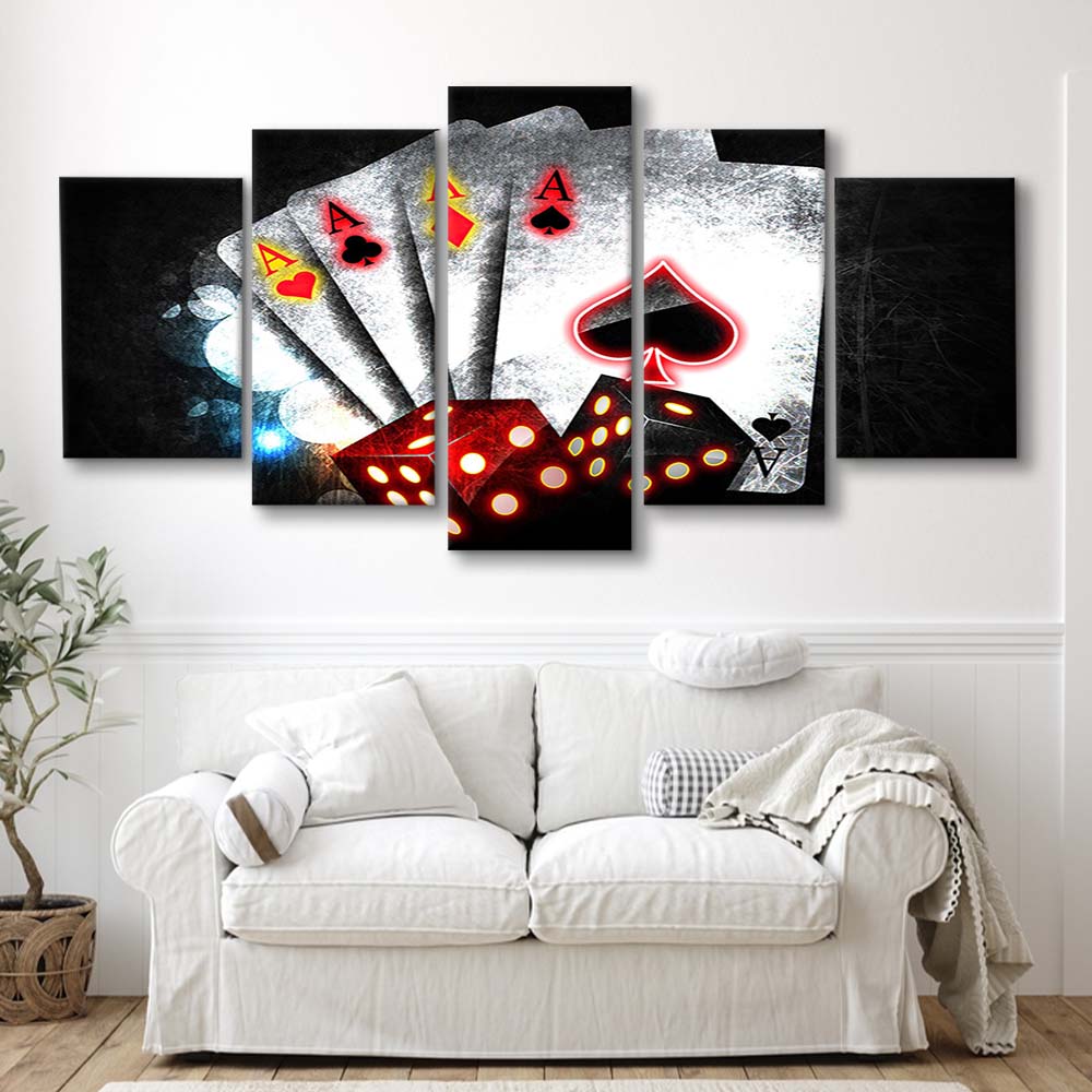 Poker Aces Neon Art Art Print, 5 Panel Mixed Canvas Print Wall Art, Home Decor, Neon Canvas