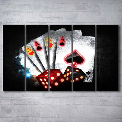 Poker Aces Neon Art Art Print, Extra Large 5 Panels Multi Canvas Print Wall Art, Home Decor