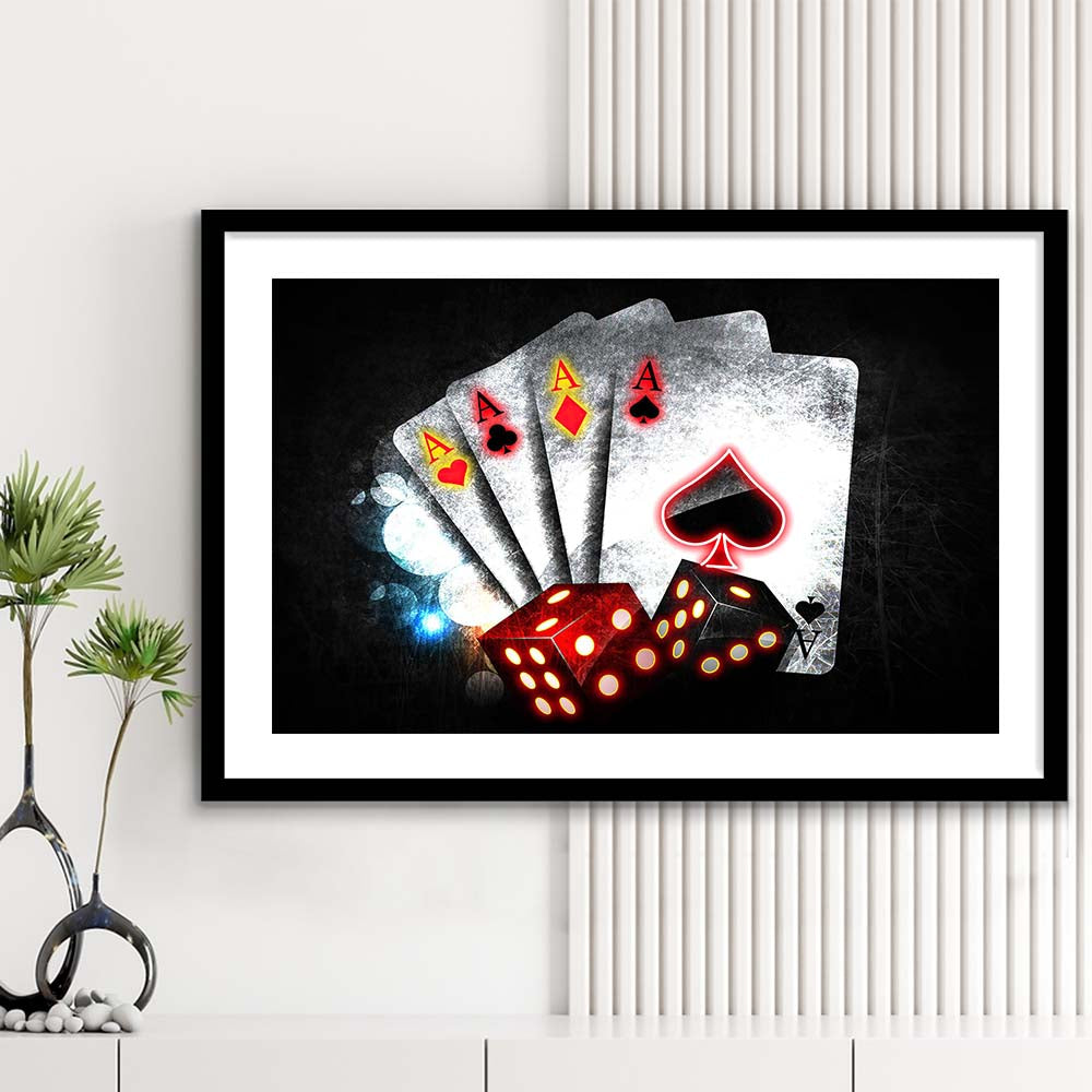 Poker Aces Neon Art Art Print, Framed Art Print Wall Decor, White Border, Framed Picture
