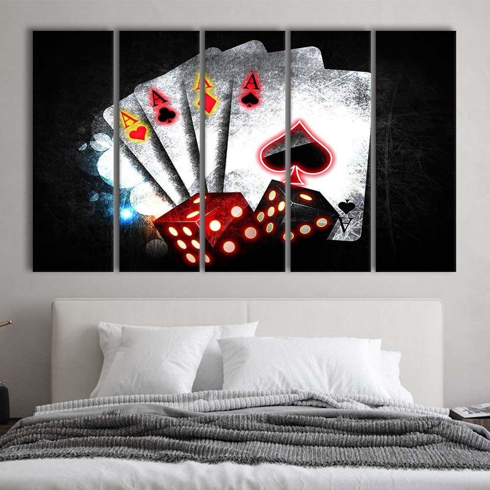 Poker Aces Neon Art Art Print, Extra Large 5 Panels Multi Canvas Print Wall Art, Home Decor