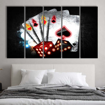 Poker Aces Neon Art Art Print, Extra Large 5 Panels Multi Canvas Print Wall Art, Home Decor