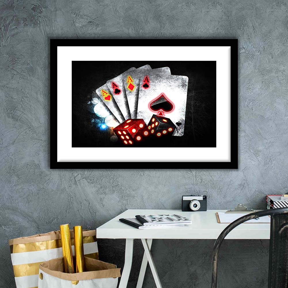 Poker Aces Neon Art Art Print, Framed Art Print Wall Decor, White Border, Framed Picture