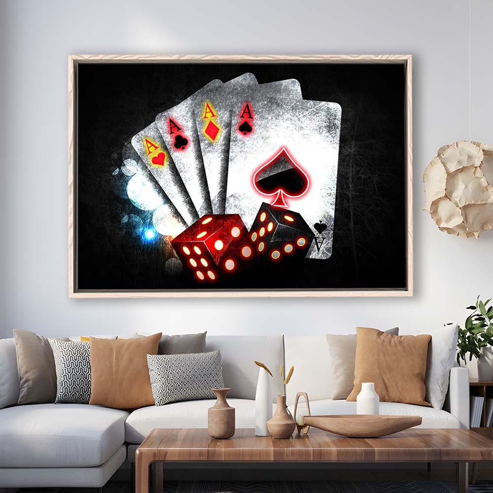 Poker Aces Neon Art Art Print, Framed Canvas Print Wall Art Decor, Floating Frame, Neon Effect Art