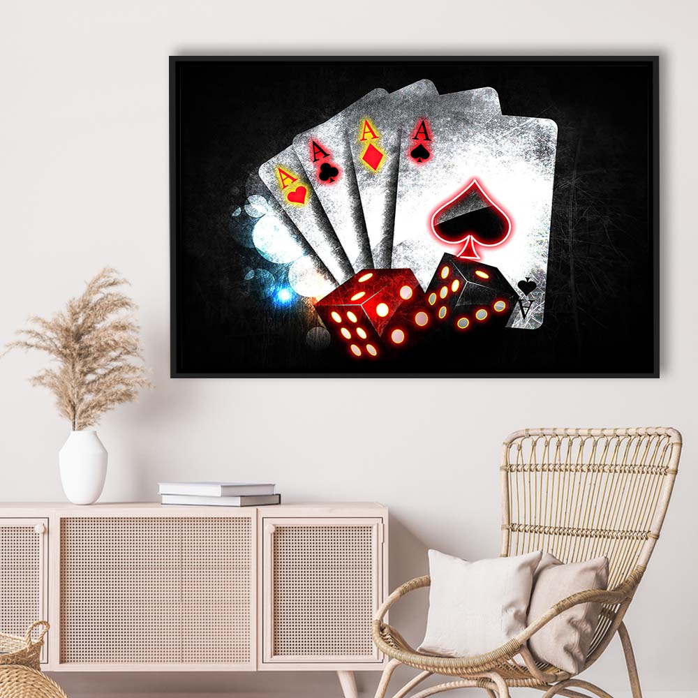 Poker Aces Neon Art Art Print, Framed Canvas Print Wall Art Decor, Floating Frame, Neon Effect Art