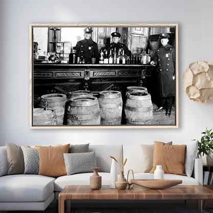 Police Raid During Prohibition, 1920s Black and White Wall Art, Vintage Bar Wall Art, Floating Framed Canvas Print