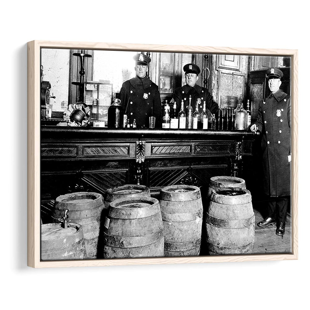 Police Raid During Prohibition, 1920s Black and White Wall Art, Vintage Bar Wall Art, Floating Framed Canvas Print