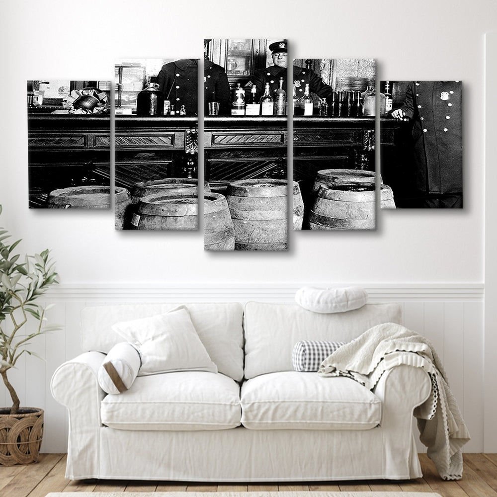 Police Raid During Prohibition, 1920s Black and White Wall Art, Vintage Bar Wall Art, Mixed 5 Pieces Canvas Print