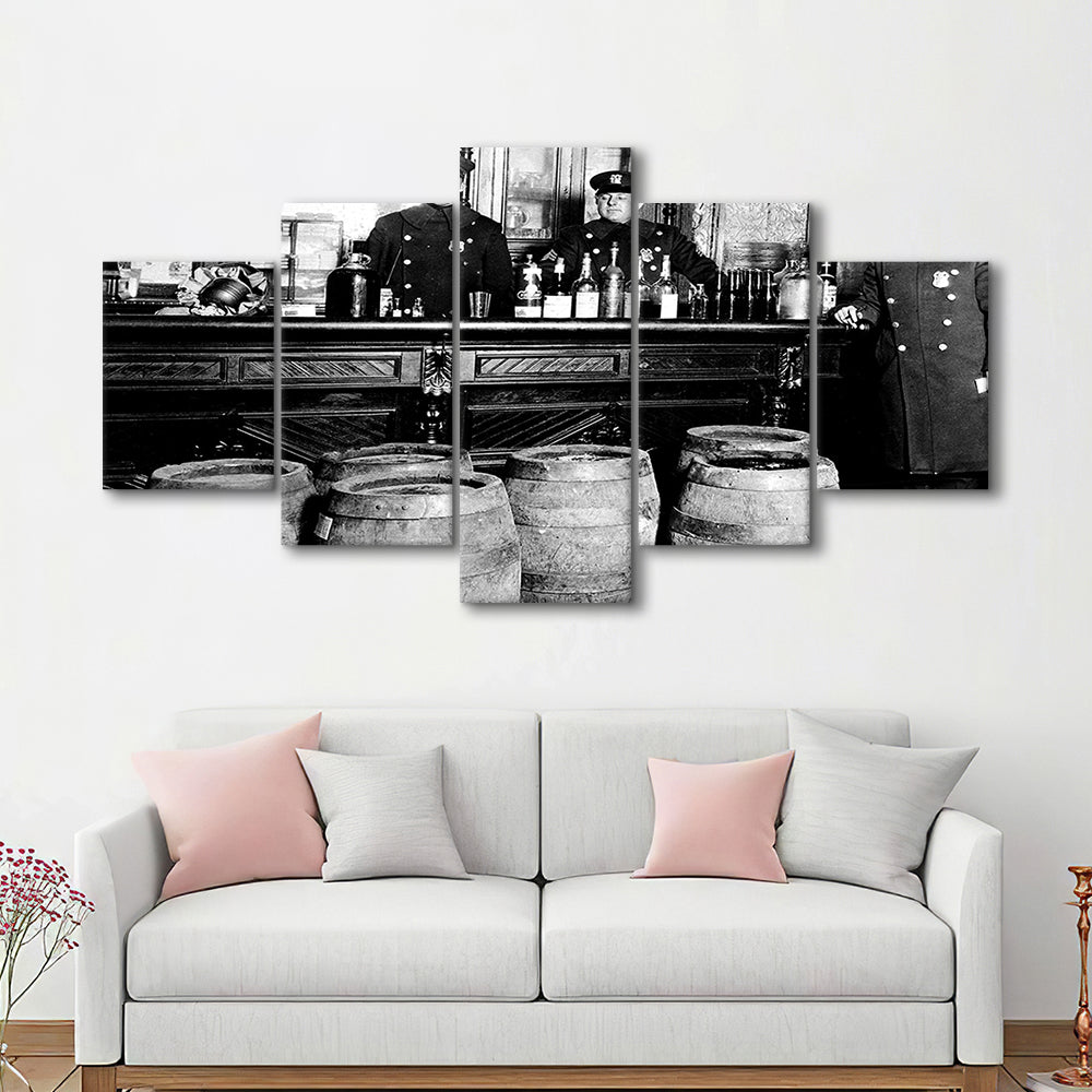 Police Raid During Prohibition, 1920s Black and White Wall Art, Vintage Bar Wall Art, Mixed 5 Pieces Canvas Print