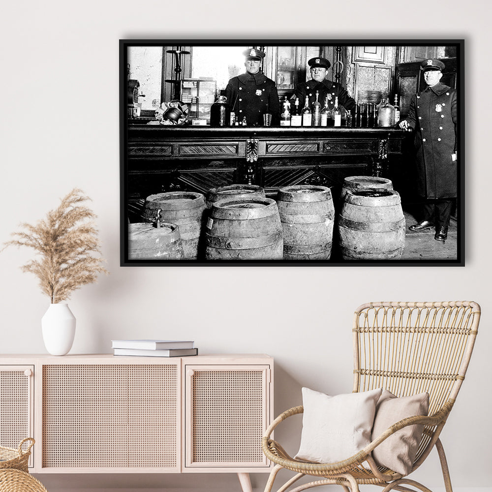 Police Raid During Prohibition, 1920s Black and White Wall Art, Vintage Bar Wall Art, Floating Framed Canvas Print