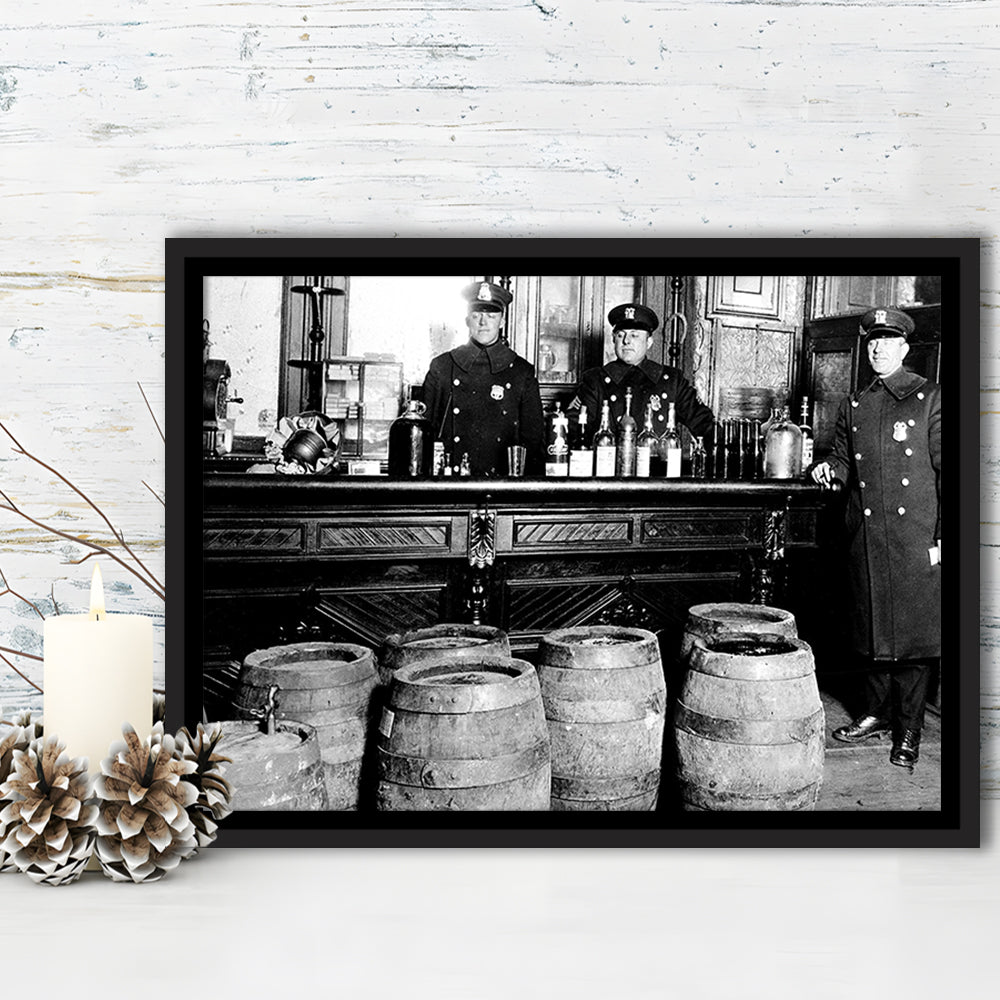 Police Raid During Prohibition, 1920s Black and White Wall Art, Vintage Bar Wall Art, Floating Framed Canvas Print