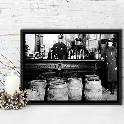 Police Raid During Prohibition, 1920s Black and White Wall Art, Vintage Bar Wall Art, Floating Framed Canvas Print