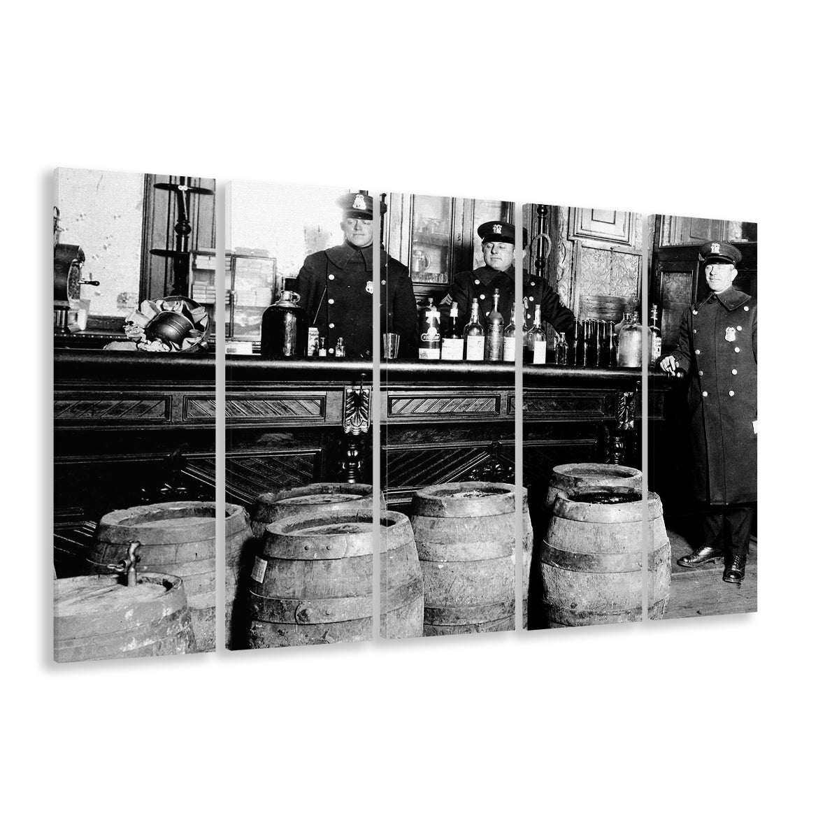 Police Raid During Prohibition, 1920s Black and White Wall Art, Vintage Bar Wall Art, 5 Pieces Large Canvas Print