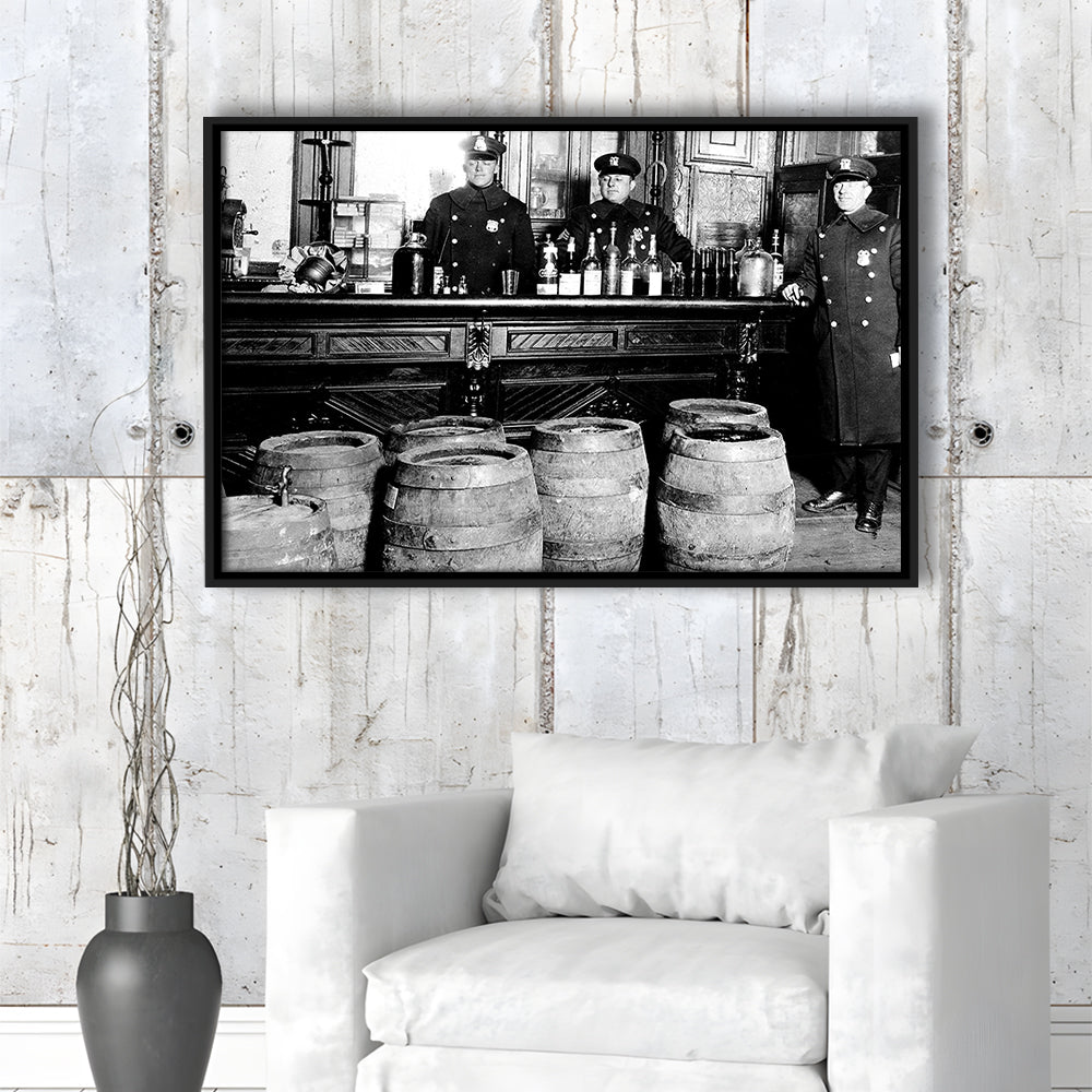 Police Raid During Prohibition, 1920s Black and White Wall Art, Vintage Bar Wall Art, Floating Framed Canvas Print