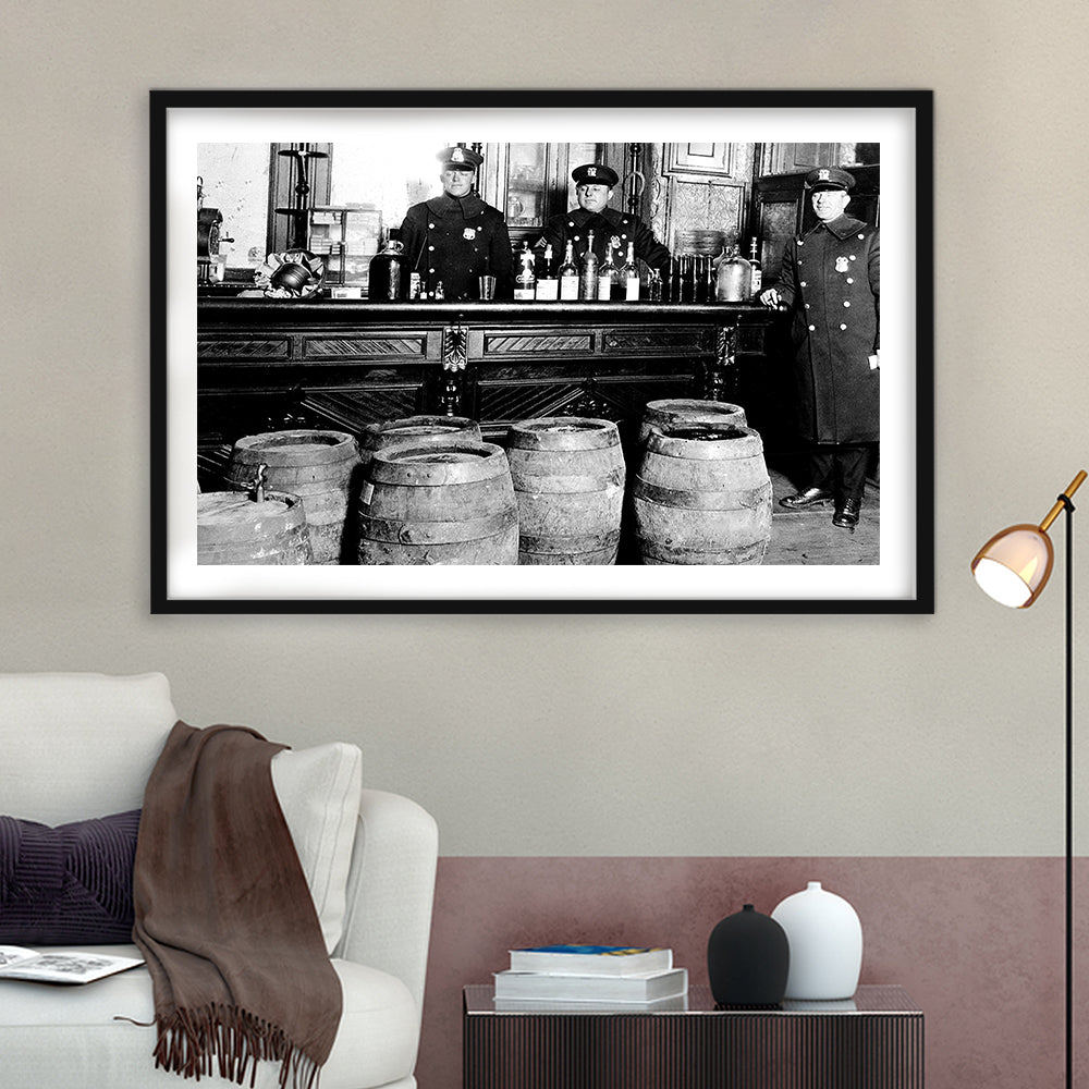 Police Raid During Prohibition, 1920s Black and White, Vintage Bar Wall Art, Framed Art Print White Border Wall Decor