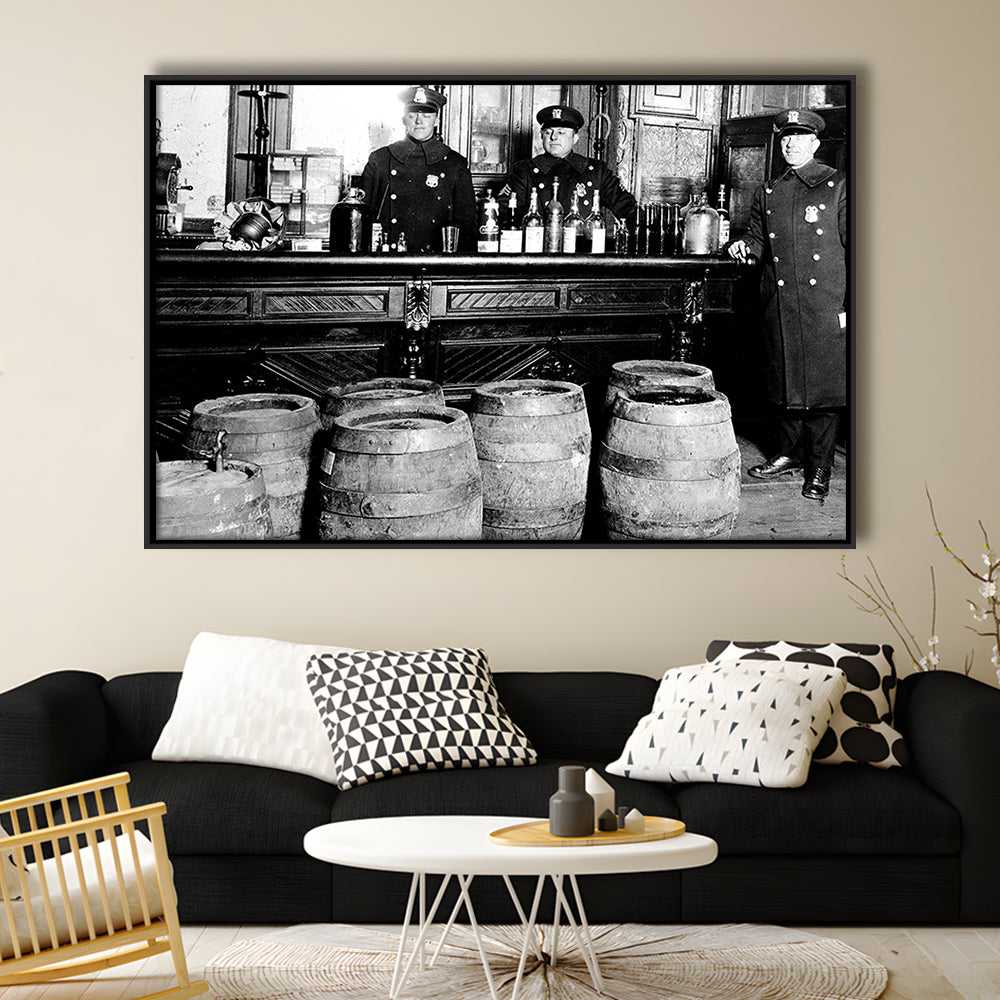 Police Raid During Prohibition, 1920s Black and White Wall Art, Vintage Bar Wall Art, Floating Framed Canvas Print