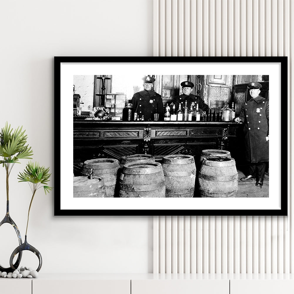 Police Raid During Prohibition, 1920s Black and White, Vintage Bar Wall Art, Framed Art Print White Border Wall Decor