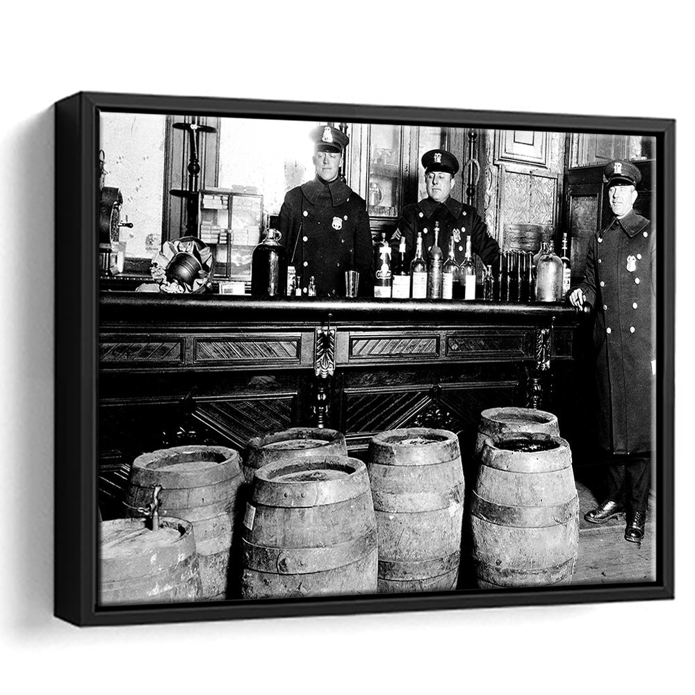 Police Raid During Prohibition, 1920s Black and White Wall Art, Vintage Bar Wall Art, Floating Framed Canvas Print