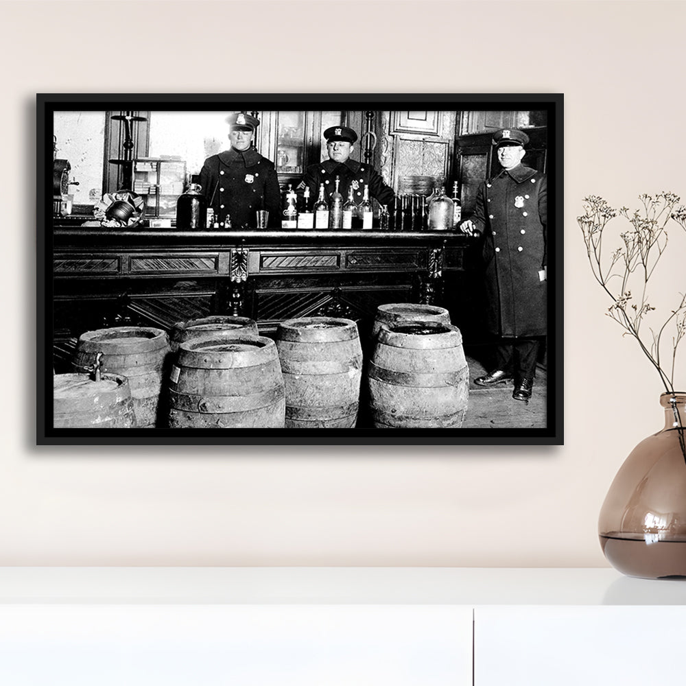 Police Raid During Prohibition, 1920s Black and White Wall Art, Vintage Bar Wall Art, Floating Framed Canvas Print