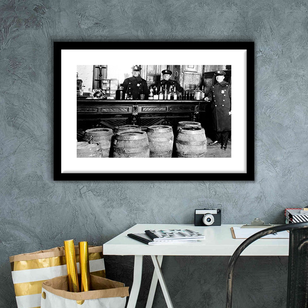 Police Raid During Prohibition, 1920s Black and White, Vintage Bar Wall Art, Framed Art Print White Border Wall Decor
