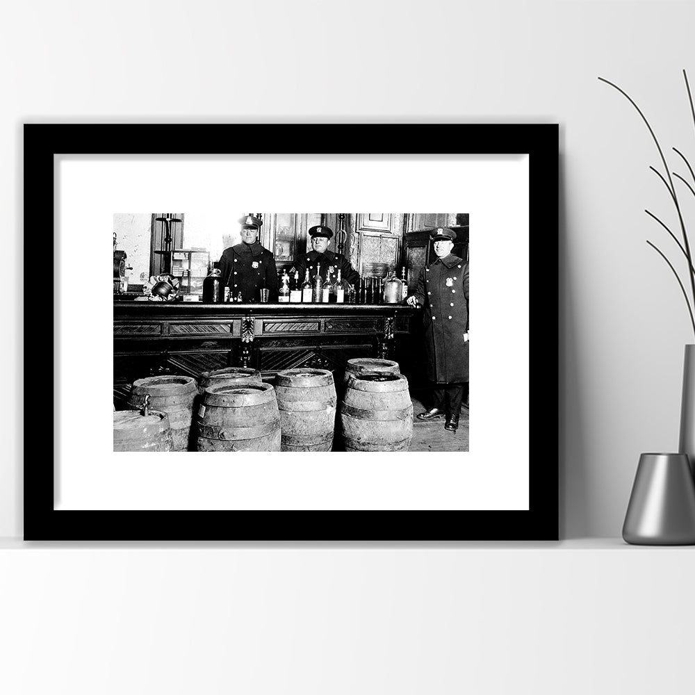 Police Raid During Prohibition, 1920s Black and White, Vintage Bar Wall Art, Framed Art Print White Border Wall Decor