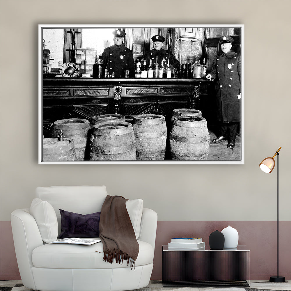 Police Raid During Prohibition, 1920s Black and White Wall Art, Vintage Bar Wall Art, Floating Framed Canvas Print