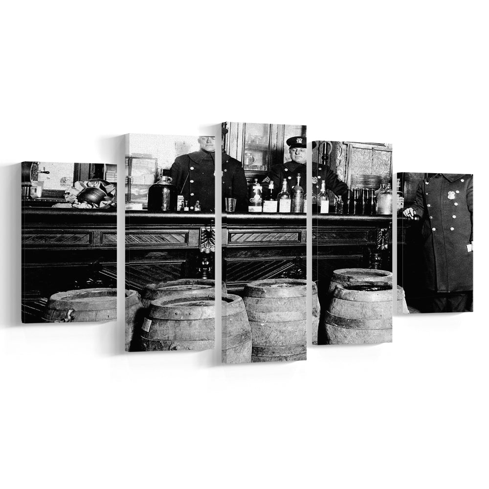 Police Raid During Prohibition, 1920s Black and White Wall Art, Vintage Bar Wall Art, Mixed 5 Pieces Canvas Print
