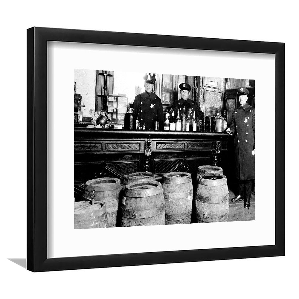 Police Raid During Prohibition, 1920s Black and White, Vintage Bar Wall Art, Framed Art Print White Border Wall Decor