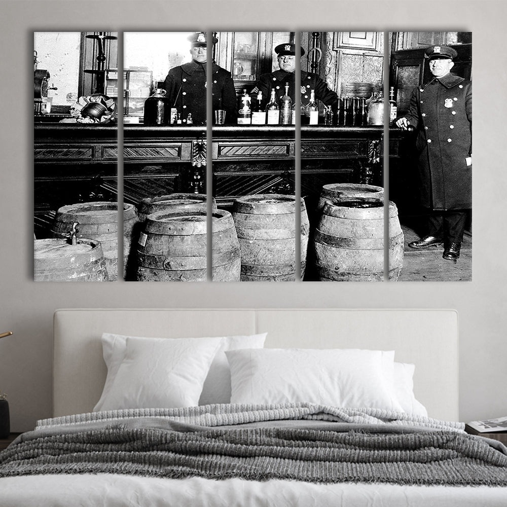 Police Raid During Prohibition, 1920s Black and White Wall Art, Vintage Bar Wall Art, 5 Pieces Large Canvas Print