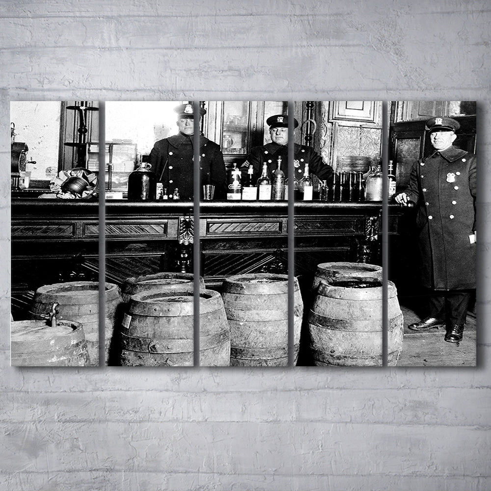 Police Raid During Prohibition, 1920s Black and White Wall Art, Vintage Bar Wall Art, 5 Pieces Large Canvas Print