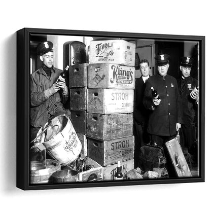 Police Raid in Prohibition, Bar Cart Print, Black and White, 1920s English Pub Decor, Floating Framed Canvas Print