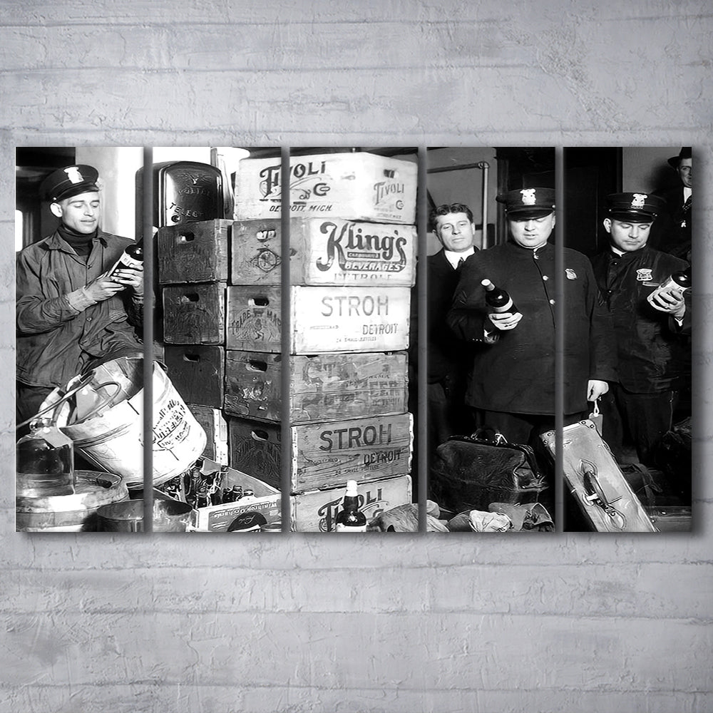 Police Raid in Prohibition, Bar Cart Print, Black and White, 1920s English Pub Decor, 5 Pieces Large Canvas Print