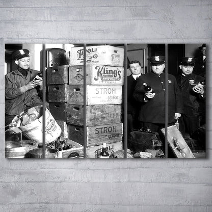 Police Raid in Prohibition, Bar Cart Print, Black and White, 1920s English Pub Decor, 5 Pieces Large Canvas Print
