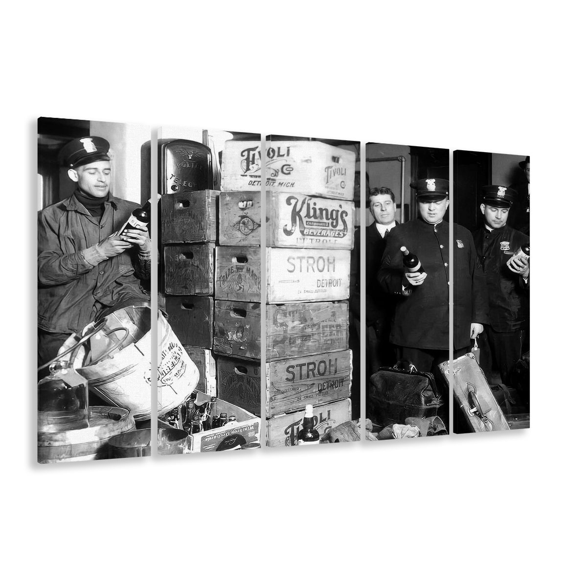 Police Raid in Prohibition, Bar Cart Print, Black and White, 1920s English Pub Decor, 5 Pieces Large Canvas Print