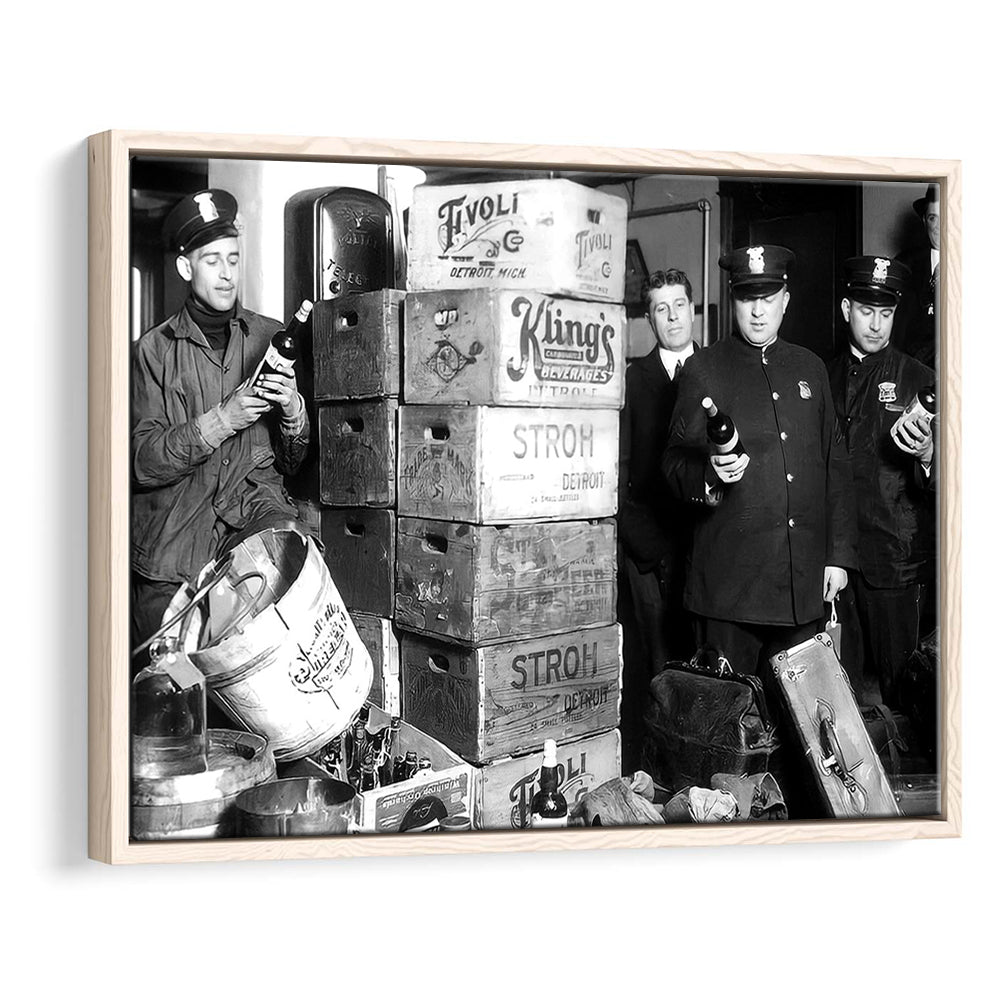 Police Raid in Prohibition, Bar Cart Print, Black and White, 1920s English Pub Decor, Floating Framed Canvas Print