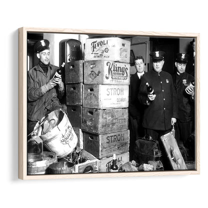 Police Raid in Prohibition, Bar Cart Print, Black and White, 1920s English Pub Decor, Floating Framed Canvas Print