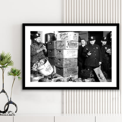 Police Raid in Prohibition, Bar Cart Print, Black and White, 1920s Pub Decor, Framed Art Print White Border Wall Decor