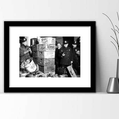 Police Raid in Prohibition, Bar Cart Print, Black and White, 1920s Pub Decor, Framed Art Print White Border Wall Decor