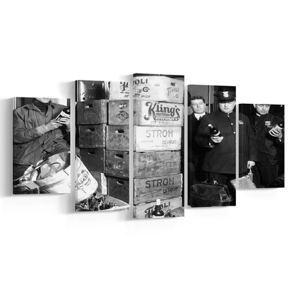 Police Raid in Prohibition, Bar Cart Print, Black and White, 1920s English Pub Decor, Mixed 5 Pieces Canvas Print