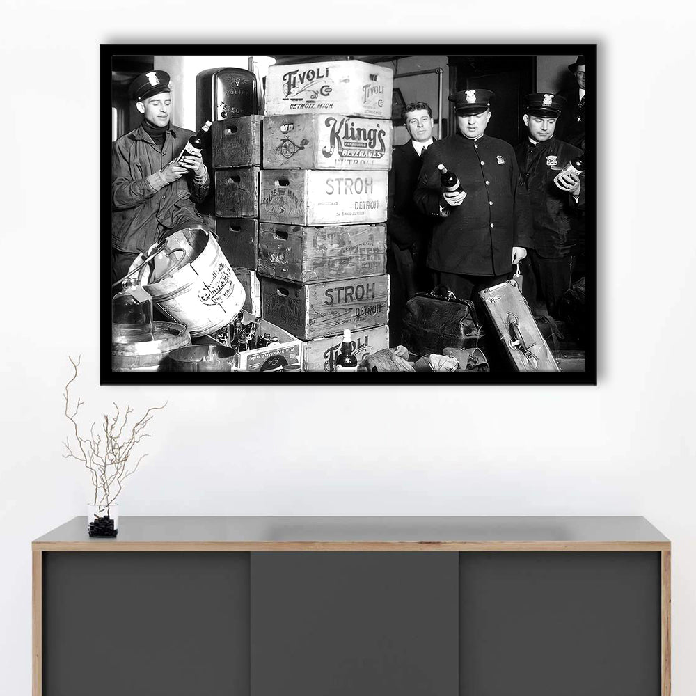 Police Raid in Prohibition, Bar Cart Print, Black and White, 1920s English Pub Decor, Framed Art Print Wall Decor