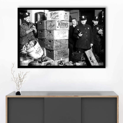 Police Raid in Prohibition, Bar Cart Print, Black and White, 1920s English Pub Decor, Framed Art Print Wall Decor