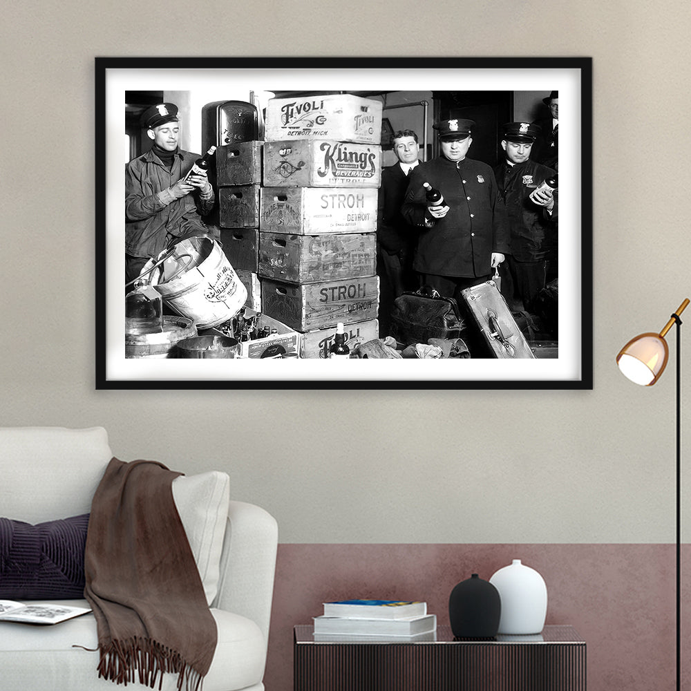Police Raid in Prohibition, Bar Cart Print, Black and White, 1920s Pub Decor, Framed Art Print White Border Wall Decor