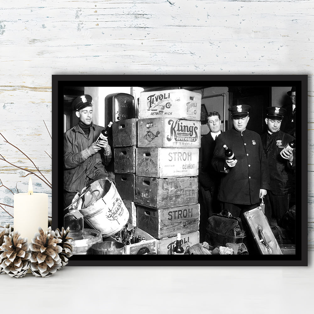 Police Raid in Prohibition, Bar Cart Print, Black and White, 1920s English Pub Decor, Floating Framed Canvas Print