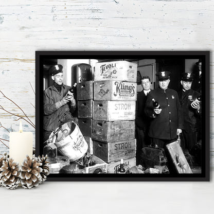 Police Raid in Prohibition, Bar Cart Print, Black and White, 1920s English Pub Decor, Floating Framed Canvas Print