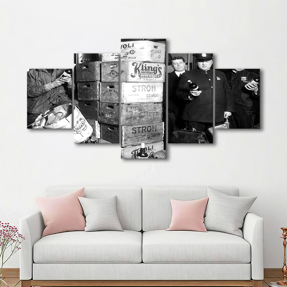 Police Raid in Prohibition, Bar Cart Print, Black and White, 1920s English Pub Decor, Mixed 5 Pieces Canvas Print